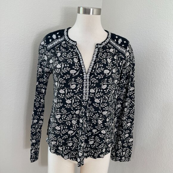 Lucky Brand Womens Medium Floral Boho Blouse Black White Embroidered Top Shirt - Picture 1 of 10
